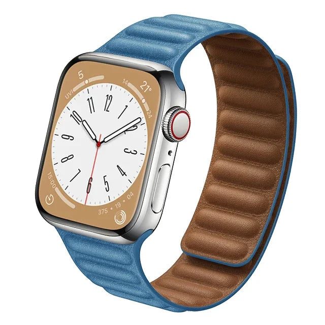 Stylish genuine leather Apple Watch band with magnetic loop closure, available in multiple colors.