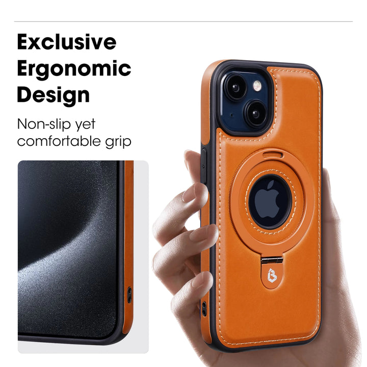 Luxury leather magnetic ring stand iPhone case with full protection, fits iPhone 12, 13, 14, 15, and 16 Pro Max Plus.