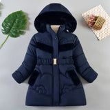 Navy blue children's coat with fur hood on a light gray background