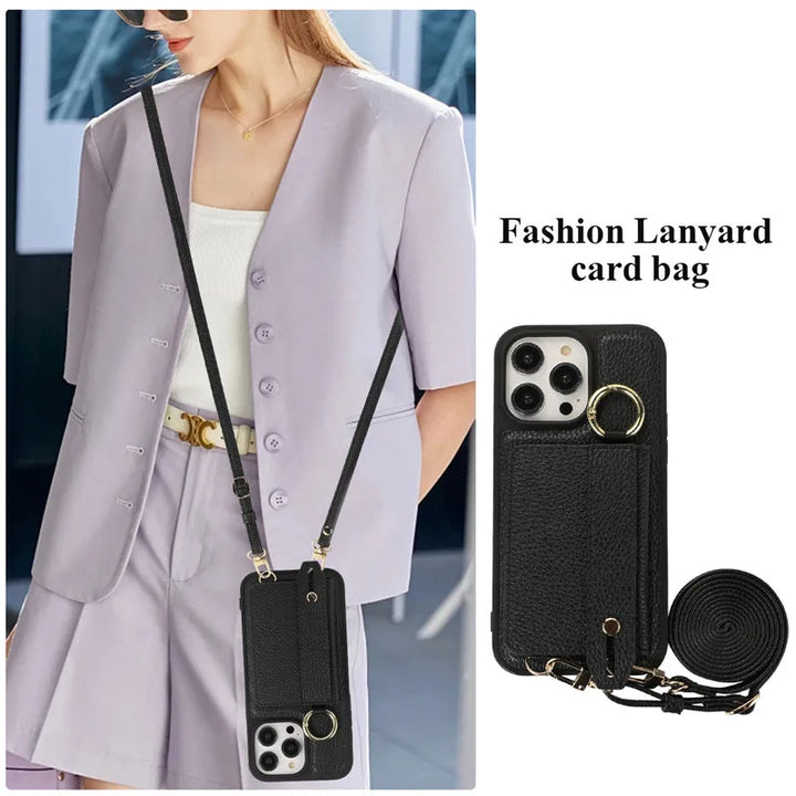 Luxury Leather Wallet Case with Lanyard, Ring Holder, and Flip Stand for iPhone 15/14/13/12/11