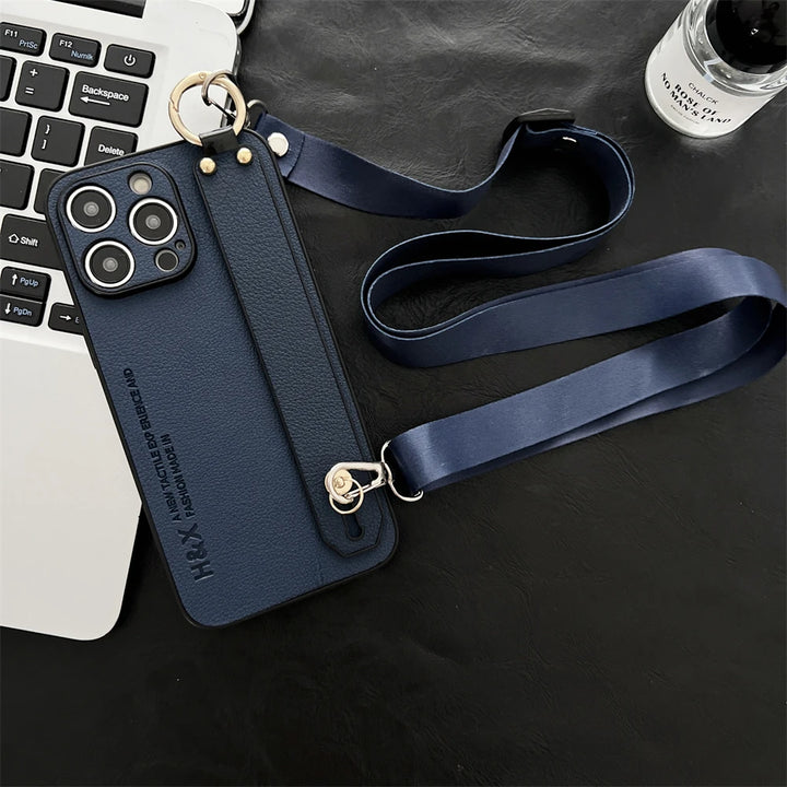Luxury Litchi Leather Wrist Strap Crossbody Phone Case for iPhone 15 14 Pro Max in Retro Vintage Design