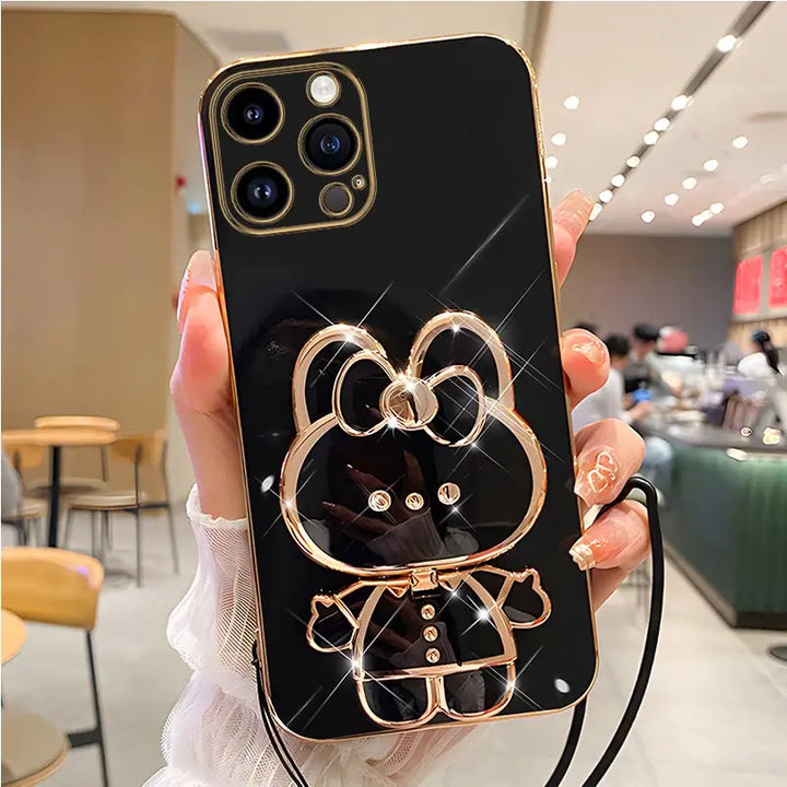 Mirror Rabbit Strap Plating Case for iPhone 14 13 12 11 Pro Max - Glossy, Anti-Scratch, Dustproof with Lanyard