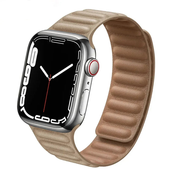 Stylish genuine leather Apple Watch band with magnetic loop closure, available in multiple colors.