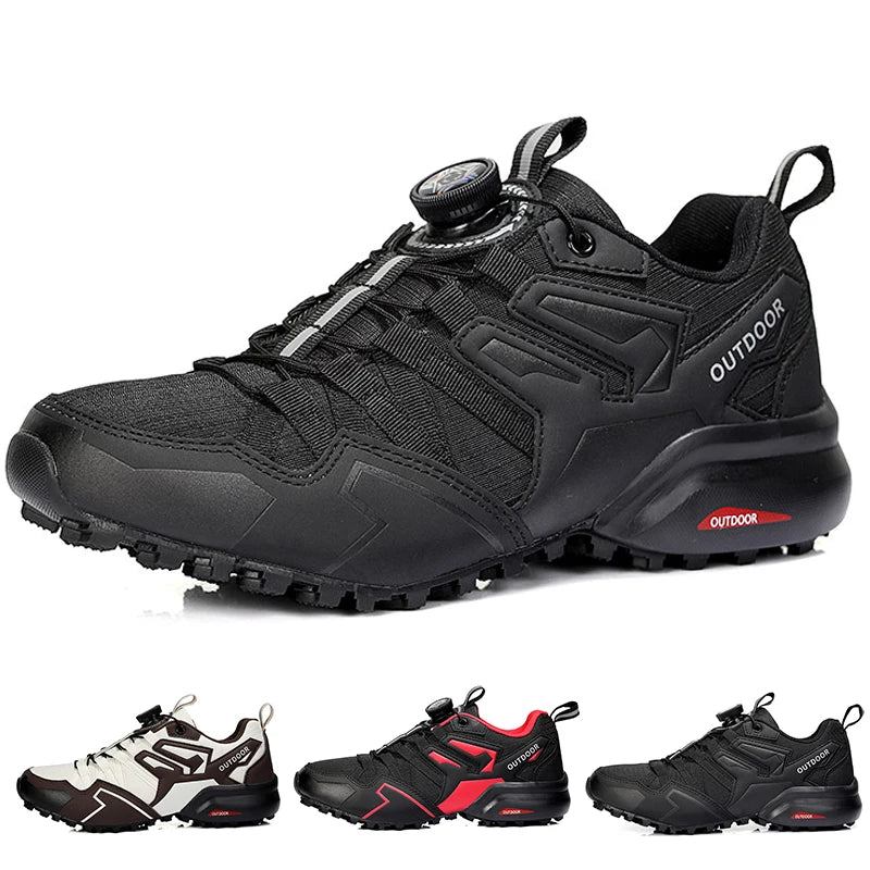 Black outdoor hiking shoes with multiple color options on a white background