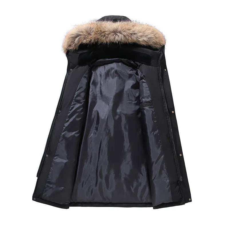 Black winter coat with fur-lined hood on a white background