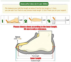 Instructions for measuring children's foot length to choose the right shoe size.
