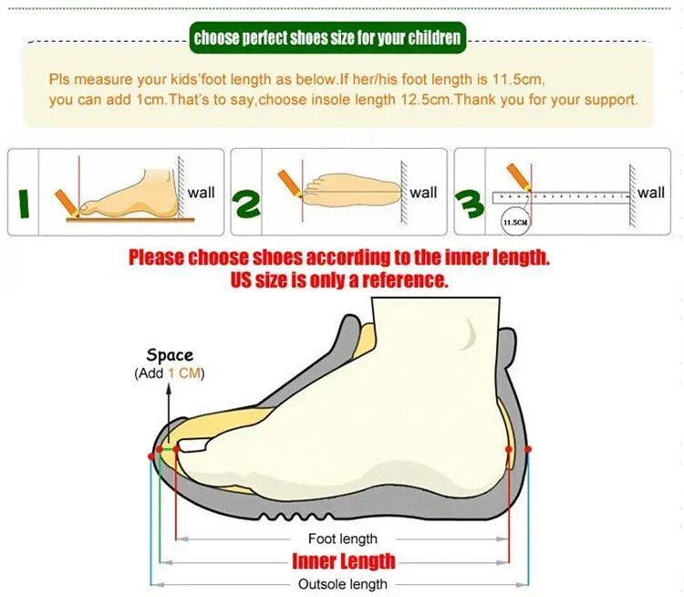 Instructions for measuring children's foot length to choose the right shoe size.