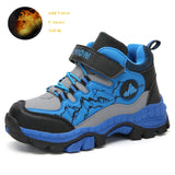Blue and gray children's hiking shoes with black accents on a white background