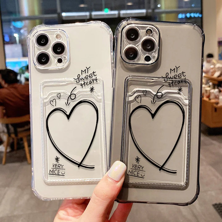 Transparent wallet card holder soft case for iPhone with card slots and shockproof protection.