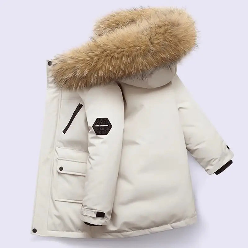 Beige winter coat with fur hood on a light gray background
