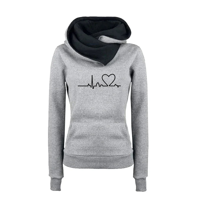 Gray hoodie with black cowl neck and heart rate design on a white background