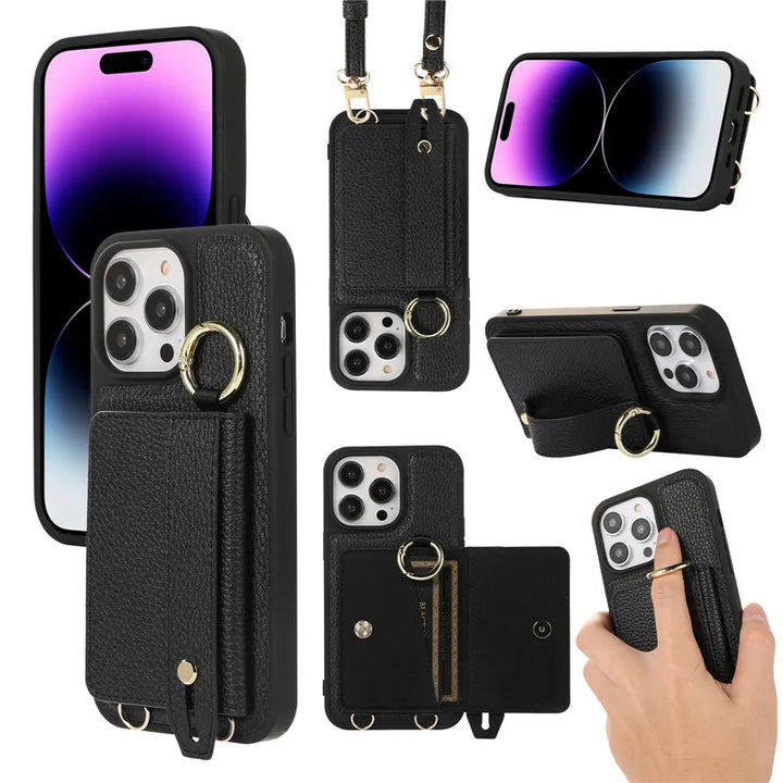 Luxury Leather Wallet Case with Lanyard, Ring Holder, and Flip Stand for iPhone 15/14/13/12/11