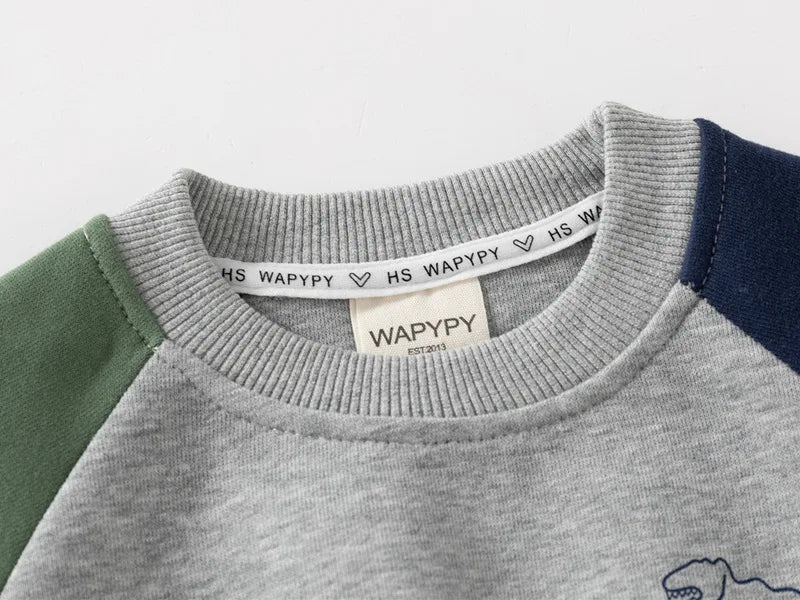 Close-up of a gray sweater with green and navy sleeves, featuring 'Wapppy' branding.