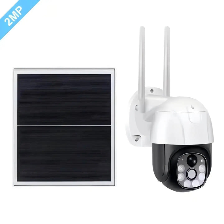 Solar-powered security camera with a solar panel on a white background