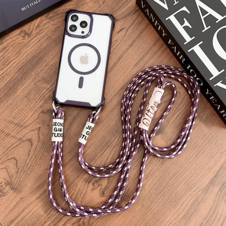 Magnetic Strap Case for iPhone 15, 14, 13, 12, 11 Pro Max models. This clear case offers a magnetic strap for easy crossbody carrying,