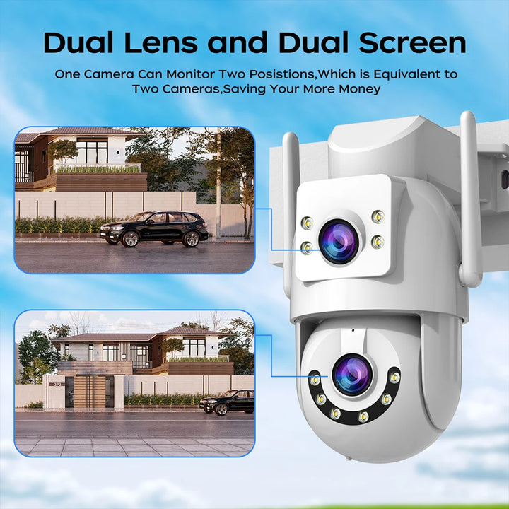 White security camera with dual lenses and screens on a blue sky background