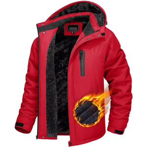 Red jacket with black interior and flame graphic on a white background, featuring the Tsen brand.