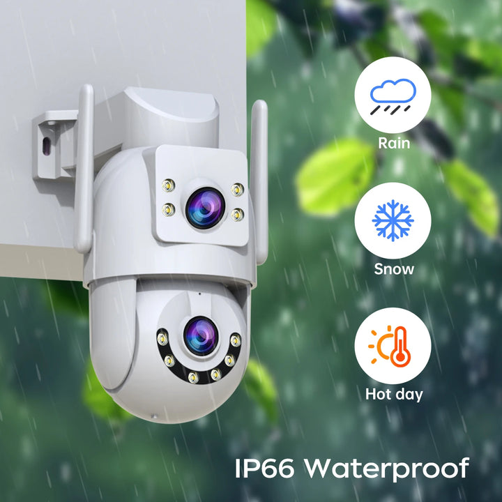IP66 waterproof security camera with rain, snow, and hot day icons on a green leafy background.