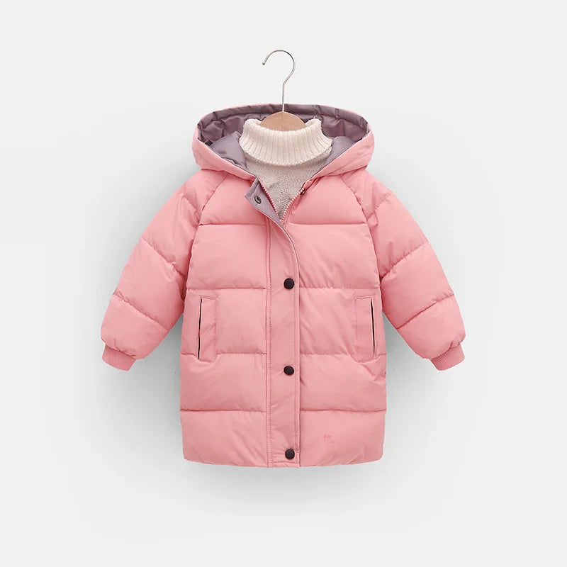 Pink children's puffer jacket on a hanger against a white background