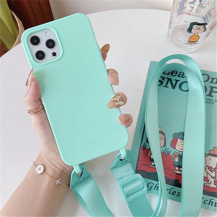 Crossbody Necklace Strap Lanyard Matte Silicone Case For iPhone 16 15 14 Pro Max 11 12 13 XR X XS 6 7 8 Plus SE Shockproof Cover