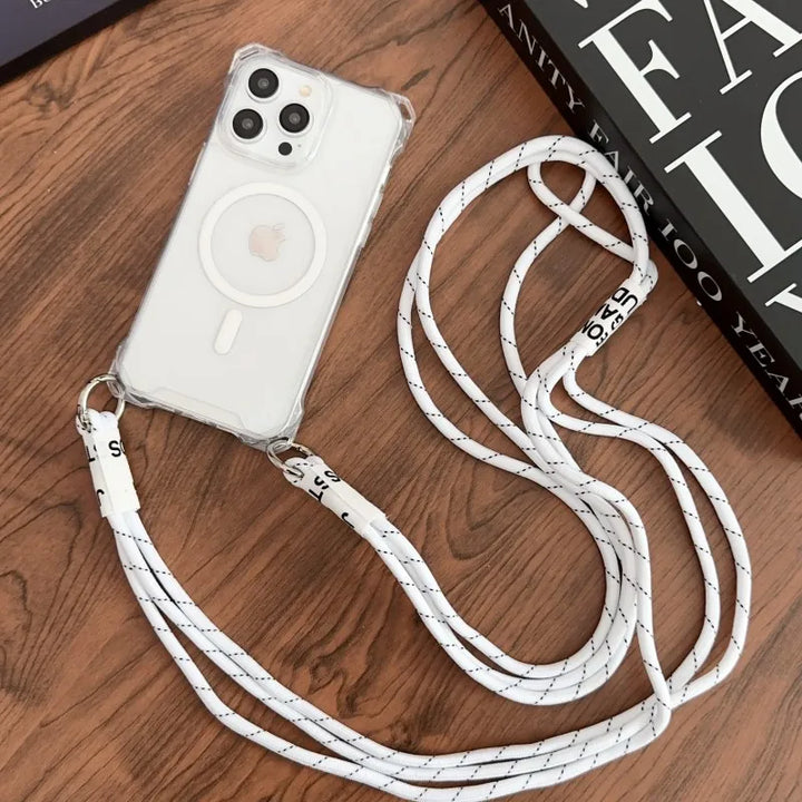 Magnetic Strap Case for iPhone 15, 14, 13, 12, 11 Pro Max models. This clear case offers a magnetic strap for easy crossbody carrying,