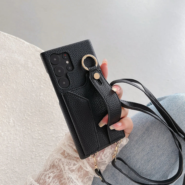 Leather Wallet Case with Wrist Strap, Crossbody Lanyard, and Card Holder for Samsung S23/S22/S21/A55/A54
