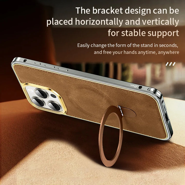 Luxury Business Leather Case for iPhone 14 15 Pro Max with Metal Frame and Built-in Stand, Premium Design