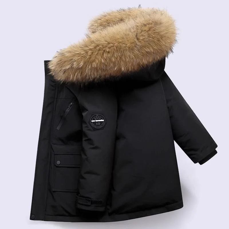 Black winter coat with fur hood on a light gray background