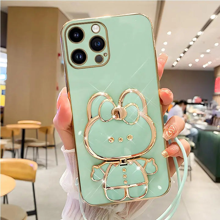 Mirror Rabbit Strap Plating Case for iPhone 14 13 12 11 Pro Max - Glossy, Anti-Scratch, Dustproof with Lanyard