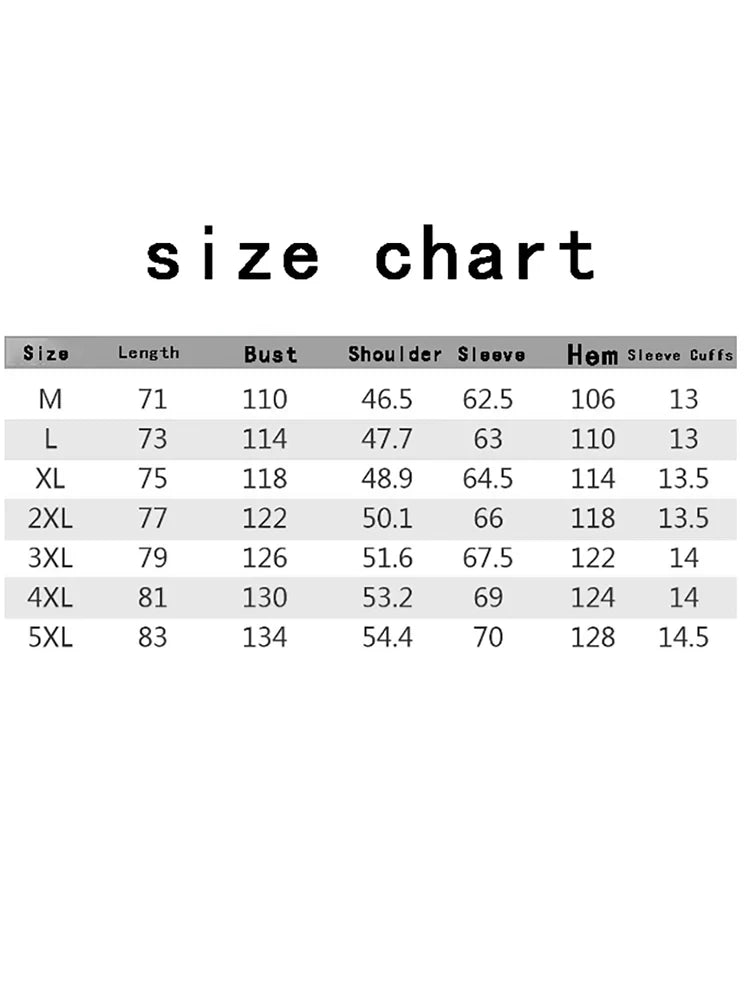 Size chart for clothing measurements on a white background