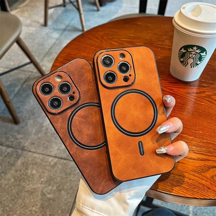 Luxury Matte Leather MagSafe Case for iPhone 16 Pro Max, Shockproof & Wireless Charging Compatible