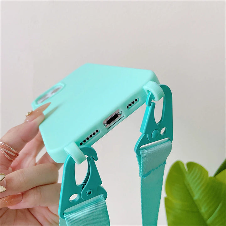 Crossbody Necklace Strap Lanyard Matte Silicone Case For iPhone 16 15 14 Pro Max 11 12 13 XR X XS 6 7 8 Plus SE Shockproof Cover