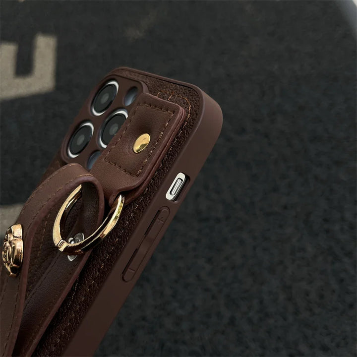 Luxury PU Leather Down Jacket Phone Case with Flower Wrist Strap for iPhone 15 Pro Max