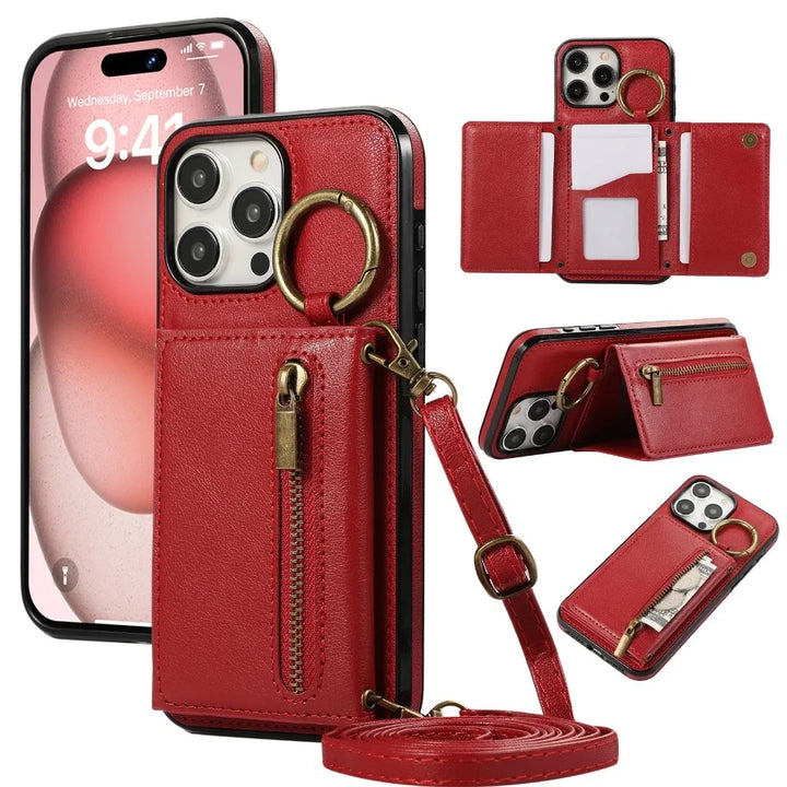 Crossbody Leather Wallet Phone Case with Zipper and Card Holder for iPhone 16/15/14/13/12/11 Pro Max