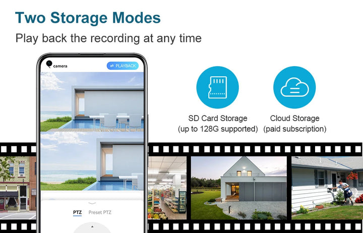 Two storage modes for video recording displayed on a smartphone screen with icons for SD card and cloud storage.