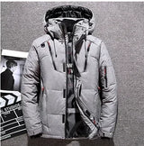Gray winter jacket with a transparent panel showing branding on a gray background