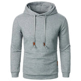 Gray textured hoodie with brown drawstrings on a white background