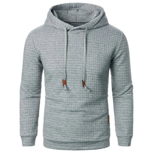 Gray textured hoodie with brown drawstrings on a white background