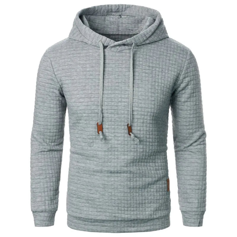 Gray textured hoodie with brown drawstrings on a white background