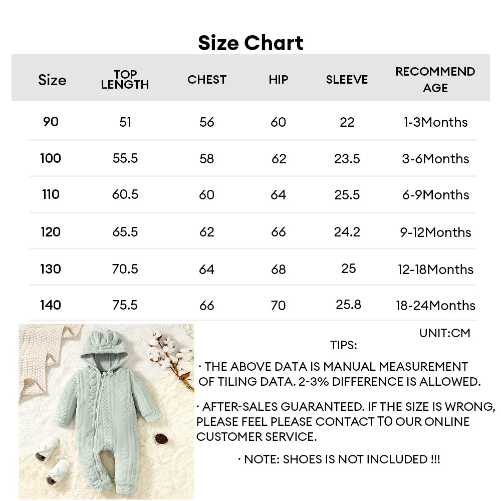 Size chart for baby rompers with measurements and recommended ages.