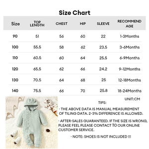Size chart for baby rompers with measurements and recommended ages.