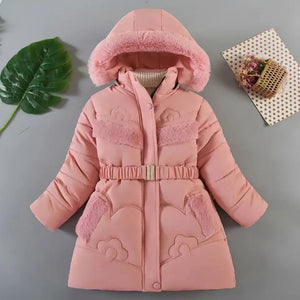 Pink children's coat with fur-lined hood on a gray background