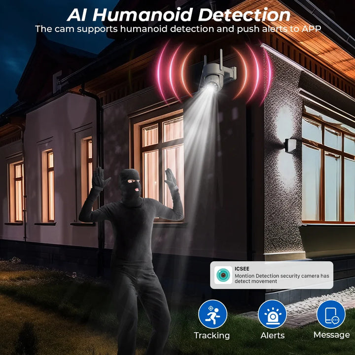 Security camera with AI humanoid detection feature in front of a house at night.