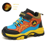 Colorful children's shoe with black, yellow, and blue design on a white background