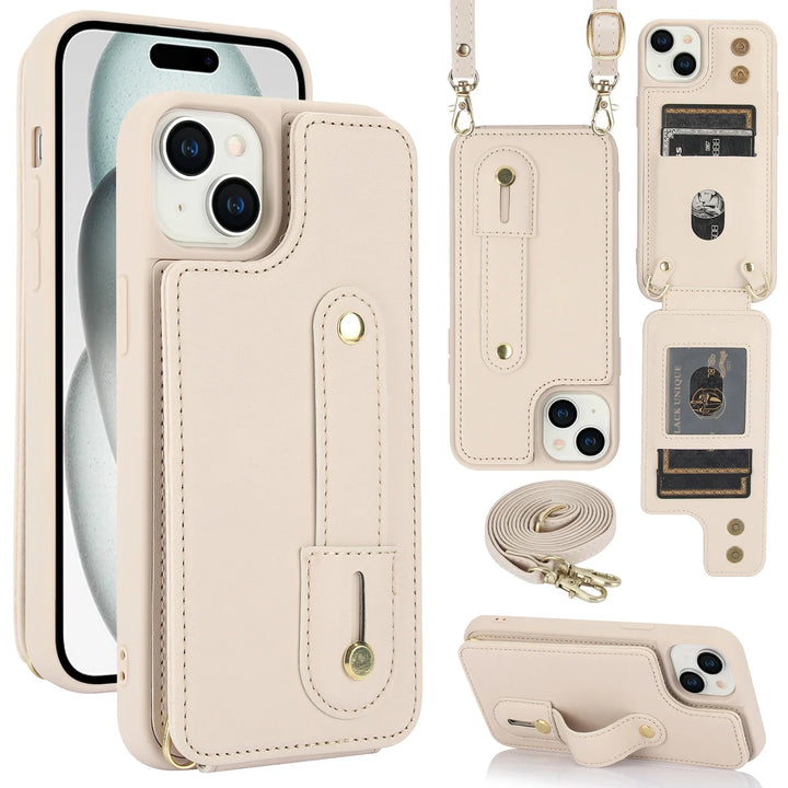 Crossbody Leather Wallet Case for iPhone 16/15/14/13/12/11 with Card Slot, Wristband & Lanyard