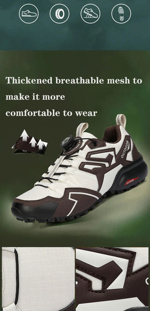 White and black sneaker with text about thickened breathable mesh on a green background