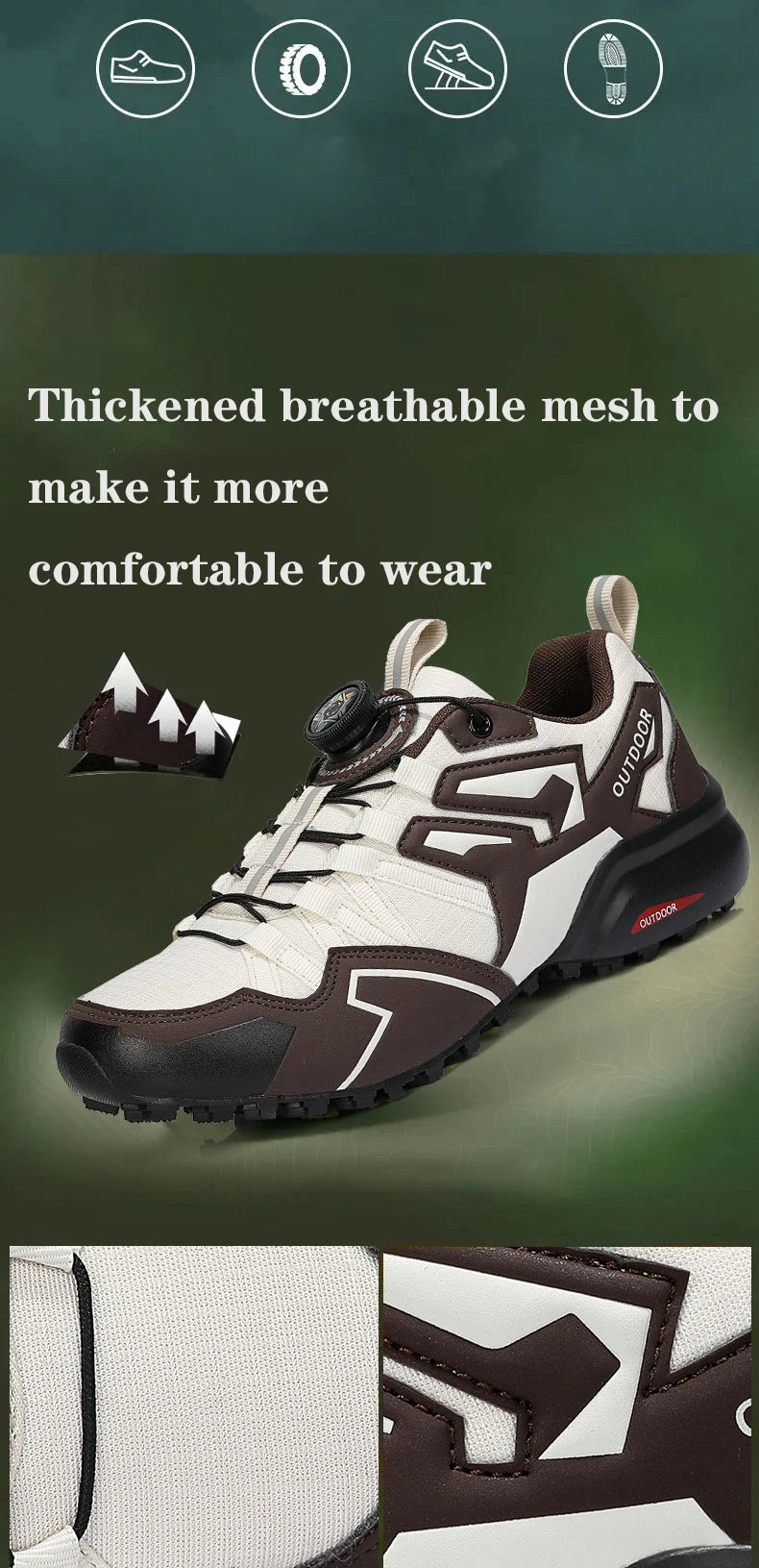 White and black sneaker with text about thickened breathable mesh on a green background