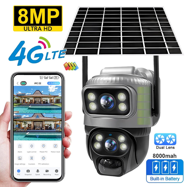 Outdoor security camera with solar panel, smartphone displaying camera view, and battery indicators on a white background.
