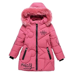Pink children's winter coat with fur hood on a white background