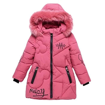 Pink children's winter coat with fur hood on a white background